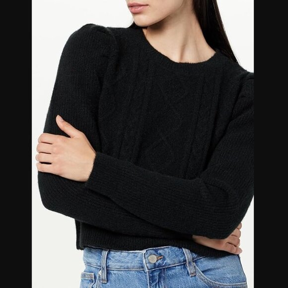 NWT THE DROP SZ L Women's Gloria Puff Sleeve Cable-Knit Sweater in Black - Picture 3 of 11